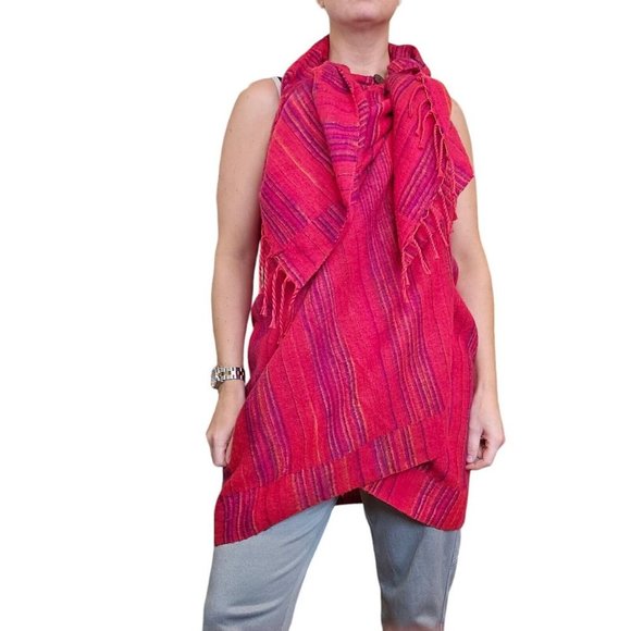 VTG 90s Wool Blend Red Pink Boho Wrap Duster Fringe Multi-wear Festival Hippie - Picture 2 of 13